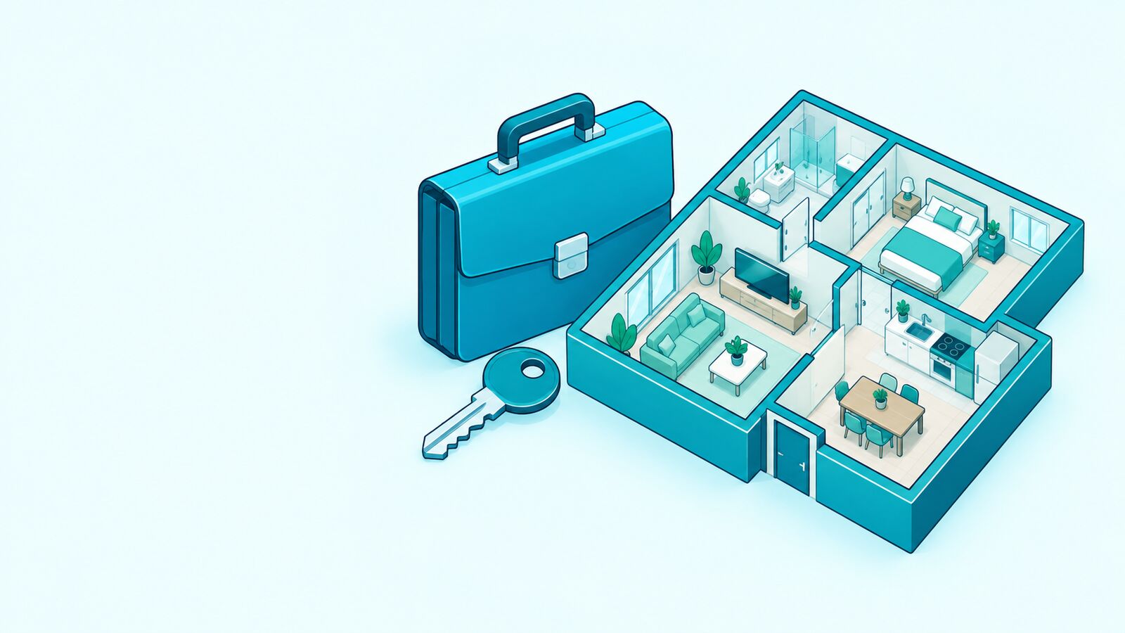 Illustration: Aktentasche, Schlüssel und Grundriss einer möblierten Wohnung