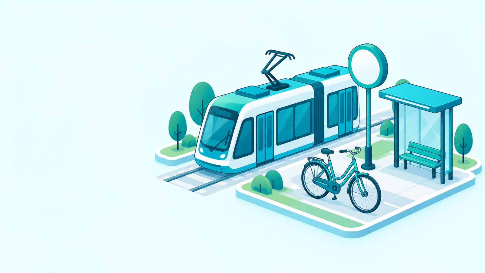 Illustration: Straßenbahn, Fahrrad und Haltestellenschild
