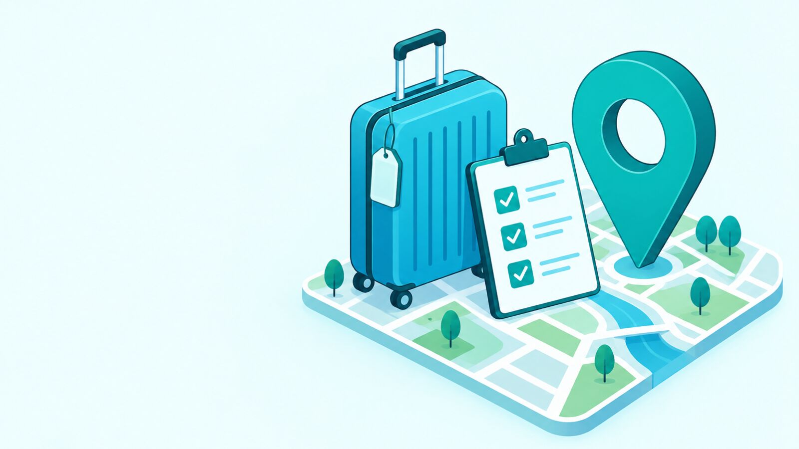 Illustration: Koffer, Checkliste und Standort-Pin auf einer stilisierten Karte